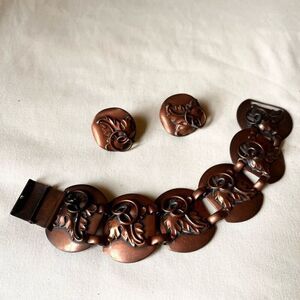 Vintage Copper Leaf Scroll Bracelet & Clip On Earrings‎ Set Retro
